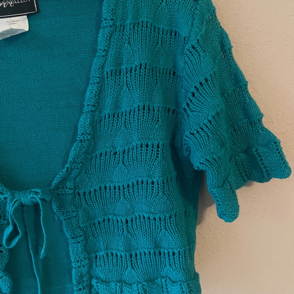 Vintage 90s Molly Malloy Teal Knit Cropped Cardigan Size Small - Picture 6 of 7